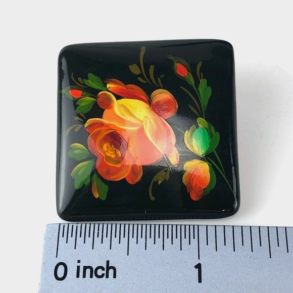 Vintage Russian Brooch Black Lacquer Floral Pin Red Orange Green Rose - Picture 2 of 3